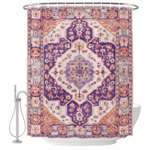 Bohemia Turkish Pattern Bathroom Shower Curtains with Hooks, Purple Retro Ethnic Style Waterproof Fabric Washable Shower Curtain for Home Hotel Bathtub Decor 36x72 Inch