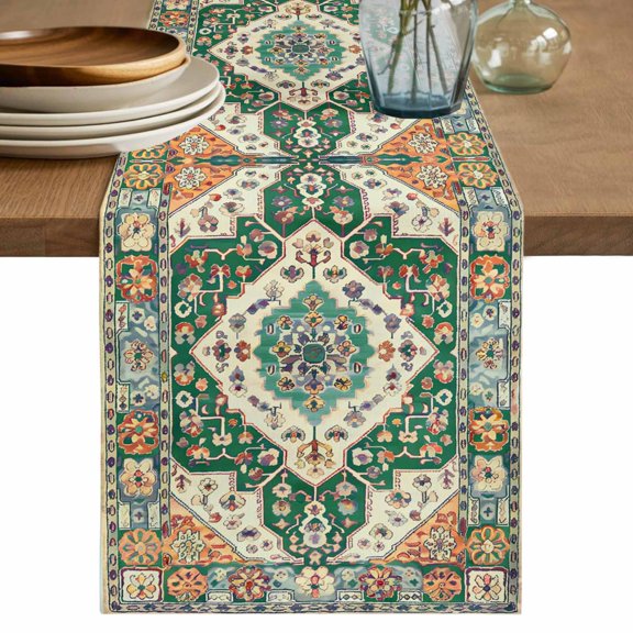 Bohemia Turkish Pattern Table Runner, Green Retro Ethnic Style Cotton Linen Kitchen Table Decoration Washable Dining Tabletop Runners for Home Party Decor 13x72 Inches