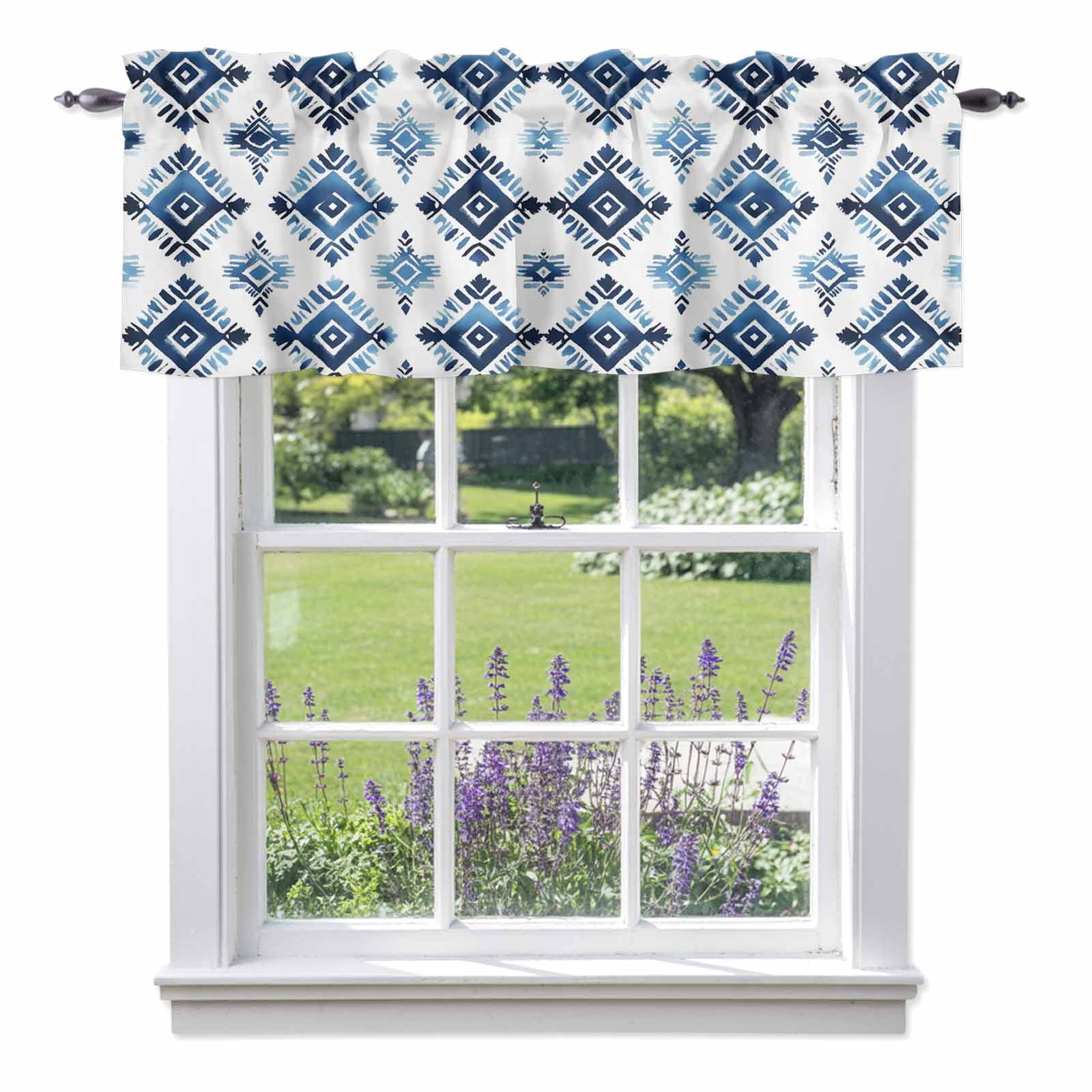 Bohemia Valances for Windows, Blue Argyle Pattern Ethnic Style Retro ...