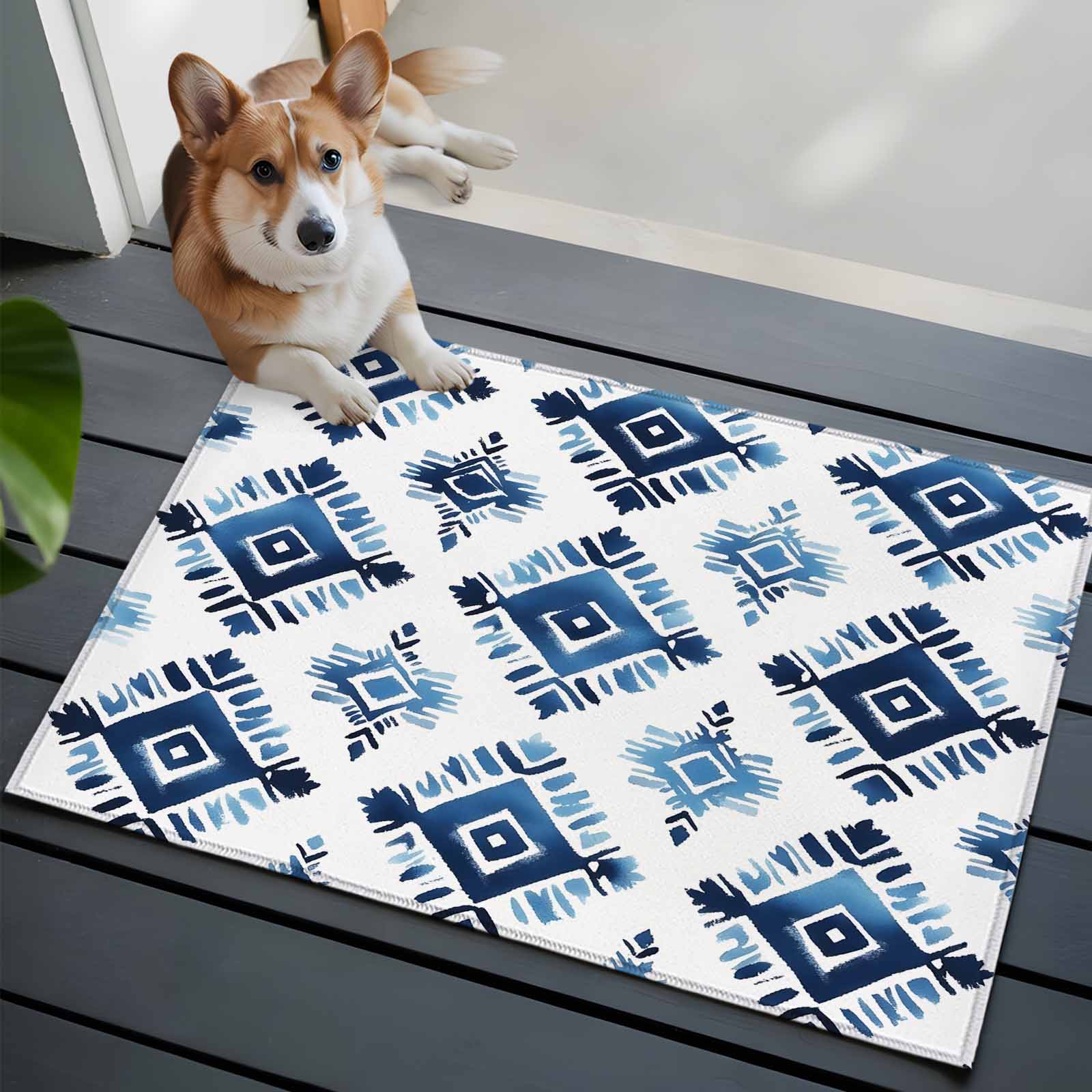 Low Profile Blue Rug Bohemia Washable Area Rug 2x3 Blue Argyle Pattern Ethnic Style Retro ...