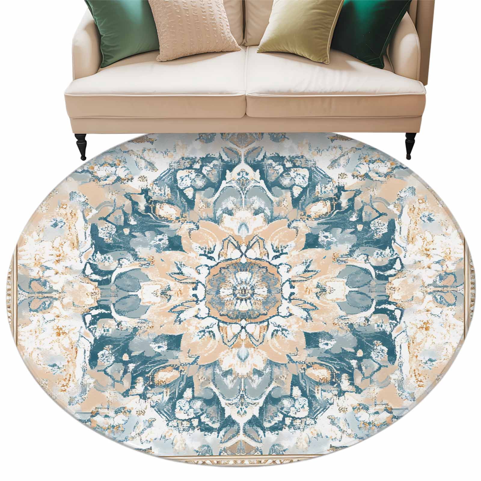 Bohemia Washable Round Area Rug 6 ft, Blue Vintage Boho Ethnic ...