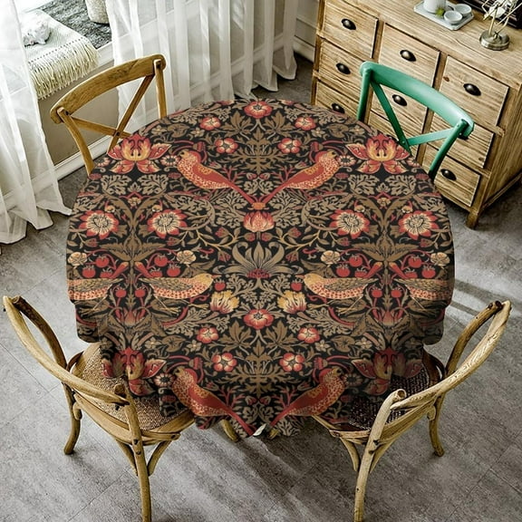 Bohemia William Morris Tablecloth, Original Design Vintage Bird Flower Print Table Cover for Holiday Home Picnic Party Dining Room Kitchen Decor, (Red Strawberry Thief) 60x60inch