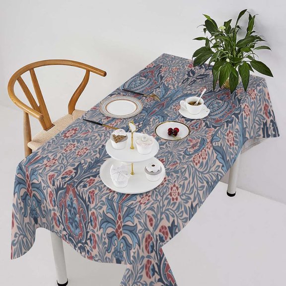 Bohemia William Morris Tablecloth, Original Design Vintage Ethnic Flower Print Table Cover for Home Picnic Party Dining Room Kitchen Decor, Purple Blue Floral 60x84inch