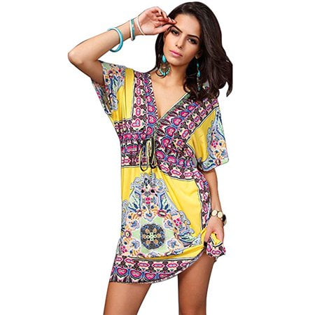 Bohemia Women's Swimsuit Cover Up Floral V Neck Beach Dress Bikini Coverup