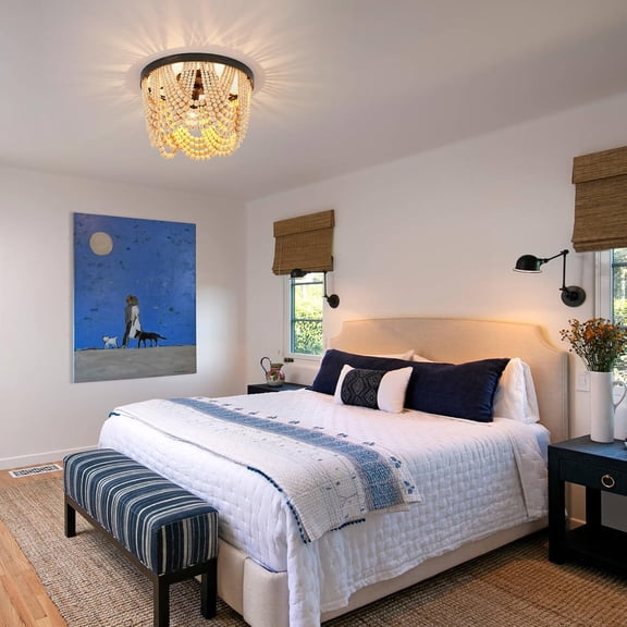 Bohemia Wood Beaded Flush Mount Ceiling Light Antique Rustic Mini Chandelier 3-Light Boho Light Fixture for Bedroom,Nursery Room, Girl Room, Hallway, Entryway, Passway, Dining Room, Listed