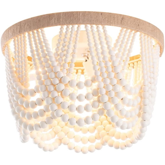 Bohemia Wood Beaded Flush Mount Ceiling Light Antique Rustic Mini Chandelier White Finishing for Bedroom,Nursery Room, Girl Room, Hallway, Entryway, Passway, Dining Room, 3-Light UL Listed