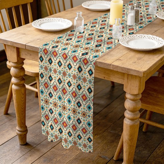 Bohemian 10ft Cheesecloth Table Runner for Wedding 27"x120", Retro Teal and Brown Argyle Aztec Geometric Chevron Kitchen Dinner Sheer Tulle Chiffon Dresser Scarf, Holiday Party Decorations