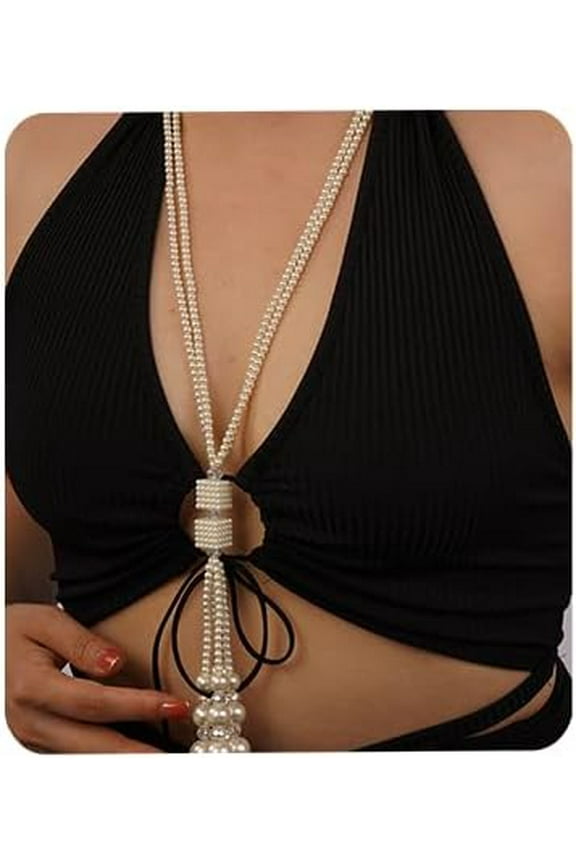 Bohemian 2-Strand Faux Pearl Knot Beaded Necklace Long Pearl Crystal Pendant 1920s Flapper Costume Accessories for Women