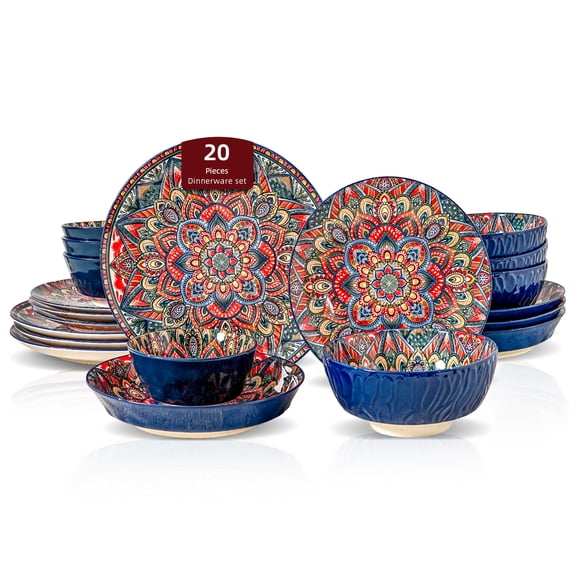 Bohemian 20-piece blue 8-inch ceramic dinnerware set with pasta bowls, dishwasher and oven safe, perfect for parties,Blue