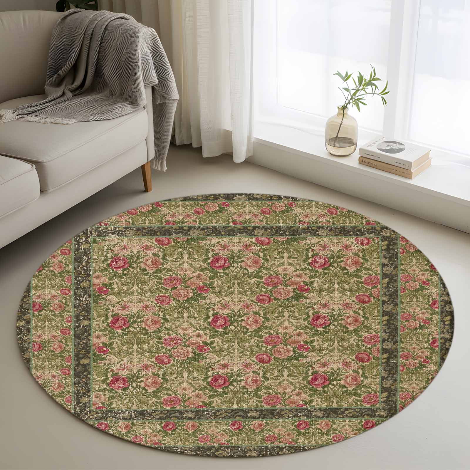 Bohemian 3.3' Round Rug for Bedroom Reading Corner, Vintage Red Flowers ...