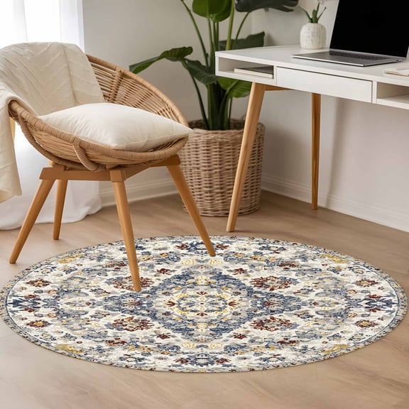 Bohemian 3.3ft Round Rug for Bedroom Reading Corner, Floral Washable Non Slip Circle Area Rug