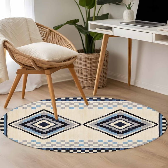 Bohemian 3.3ft Round Rug for Bedroom Reading Corner, Retro Rhombus Tribal Style Blue Boho Geometric Washable Non Slip Circle Area Rug