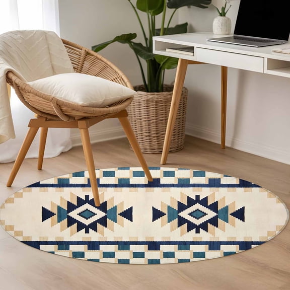 Bohemian 3.3ft Round Rug for Bedroom Reading Corner, Retro Rhombus Tribal Style Boho Geometric Beige Green Plaid Washable Non Slip Circle Area Rug