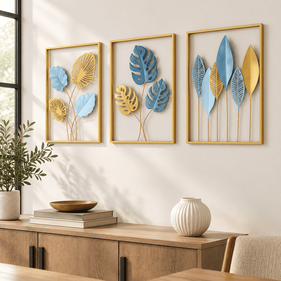Bohemian 3D Metal Leaf Wall Art Set of 3, Boho Indoor Outdoor Hanging Decor