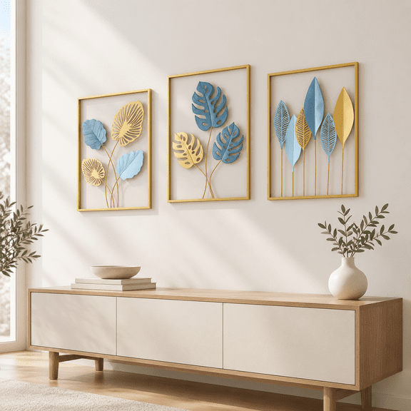 Bohemian 3D Metal Leaf Wall Art Set of 3, Large Modern Botanical Hanging Decor