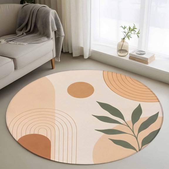Bohemian 3FT Round Area Rug Abstract Green Leaf Beige Geometric Lines Circle Soft Small Round Rugs Non-Slip, Ultra-Thin Washable Rug Low Pile Circle Carpet for Bedroom Kitchen Nursery