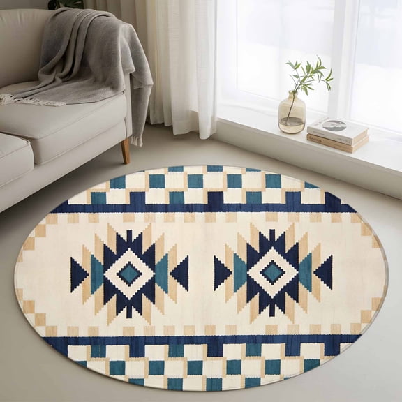 Bohemian 3FT Round Area Rugs Retro Rhombus Tribal Style Boho Geometric Beige Green Plaid Soft Small Round Rug Non-Slip, Ultra-Thin Indoor Circle Carpet for Bedroom Entryway Kitchen Bathroom
