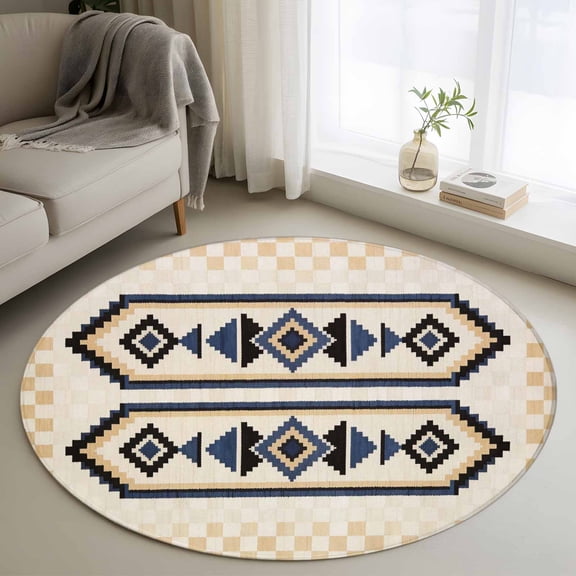 Bohemian 3FT Round Area Rugs Retro Rhombus Tribal Style Long Stripes Beige Soft Small Round Rug Non-Slip, Ultra-Thin Indoor Circle Carpet for Bedroom Entryway Kitchen Bathroom