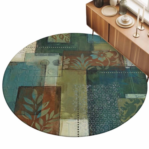 Bohemian 3ft Non Slip Round Area Rug Vintage Floral Texture Geometric Plaid Patchwork Art Washable Soft Area Rugs for Living Room, Indoor Circle Carpet for Bedroom Dining Room Kitchen
