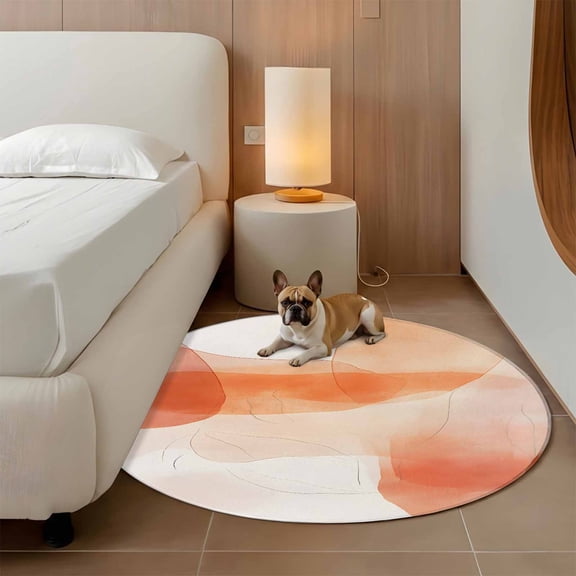 Bohemian 3ft Round Rug for Bathroom Accent Bedside Corner, Boho Orange Color Block Washable Non Slip Circle Area Rug for Small Spaces
