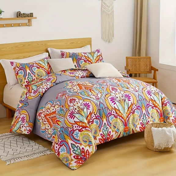 Bohemian 3pcs King Comfort Set | Ultra Soft Microfiber All-Season Bedding | Breathable Lightweight for Spring/Summer | Includes Pillowcases for Queen/King Beds | Floral Pattern & Quilted Stitching
