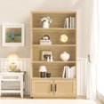 thumbnail image 1 of Bohemian 5-Tier Solid Wood Bookcase with Woven Rattan Doors - Tall Storage Shelf for Living Room, Bedroom & Home Office, 1 of 7