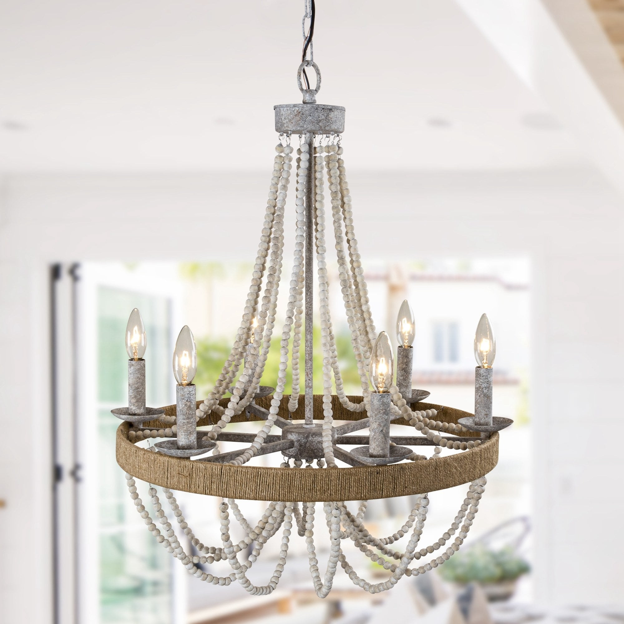 Bohemian 6-Light Off-White Wood Beaded Candle Chandelier