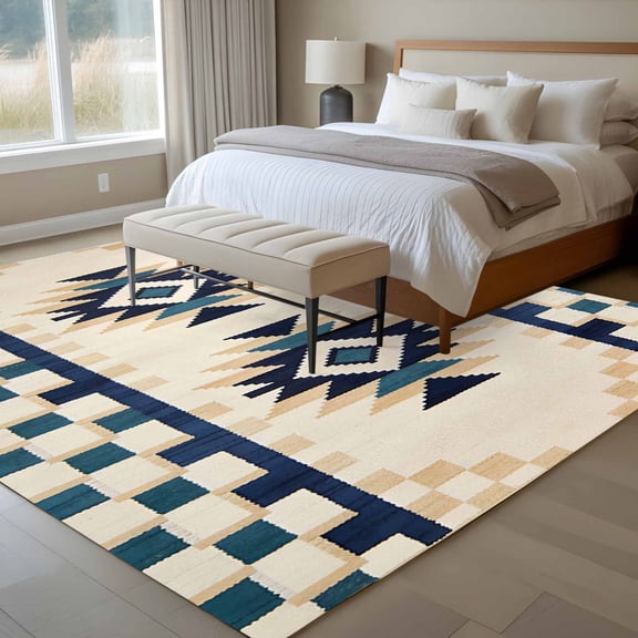 Bohemian 6x9 Rug for Dining Room Table and Chair Setup, Retro Rhombus Tribal Style Boho Geometric Beige Green Plaid Low Pile Washable Non Slip Rectangle Area Rug