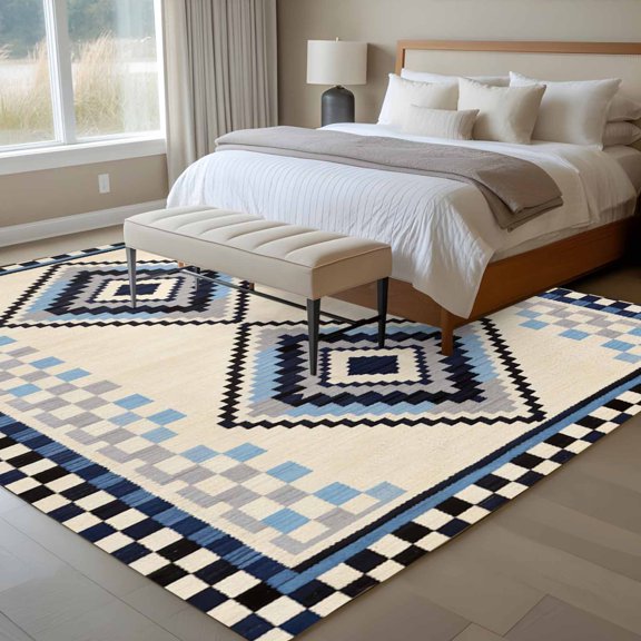 Bohemian 6x9 Rug for Dining Room Table and Chair Setup, Retro Rhombus Tribal Style Blue Boho Geometric Low Pile Washable Non Slip Rectangle Area Rug