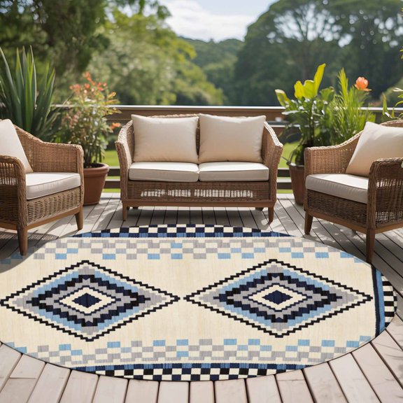 Bohemian 8ft Round Rug for Open Concept Living Room Seating Zone, Retro Rhombus Tribal Style Blue Boho Geometric Washable Non Slip Large Circle Area Rug