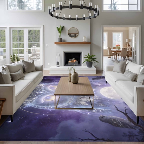 Bohemian 8x10 Area Rug for Living Room Sectional Sofa, Watercolor Owl Fantasy Moon Forest Tree Natural Scenery Washable Non Slip Large Rectangle Area Rug