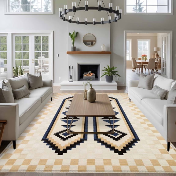 Bohemian 8x10 Area Rug for Living Room Sectional Sofa, Retro Rhombus Tribal Style Long Stripes Beige Washable Non Slip Large Rectangle Area Rug