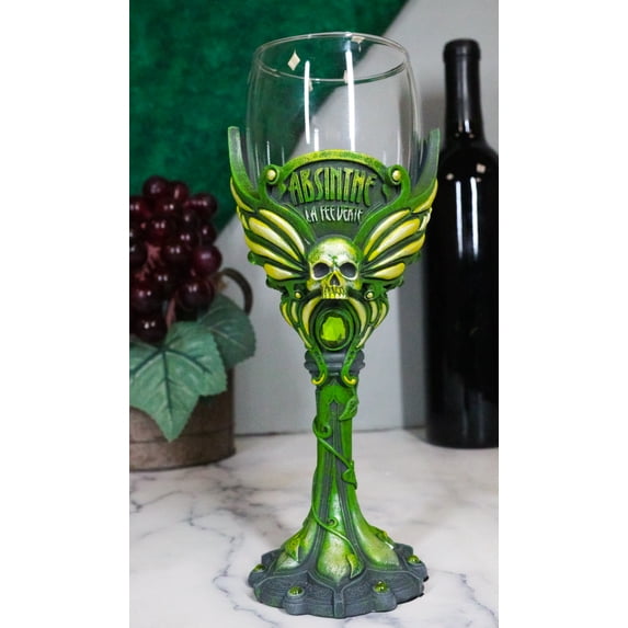 Bohemian Absinthe La Fee Verte Skull With Green Gem And Vine Stem Wine Goblet
