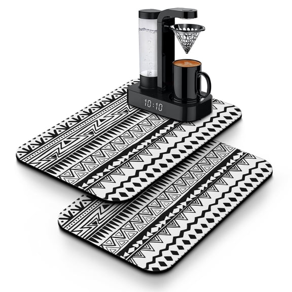 Bohemian Absorbent Coffee Mat, Leak-Proof Dish Drying Pad with Rustic Ethnic Patterns, Quick Dry Non-Slip Kitchen Counter Mat for Coffee Bar & Appliance Protection
