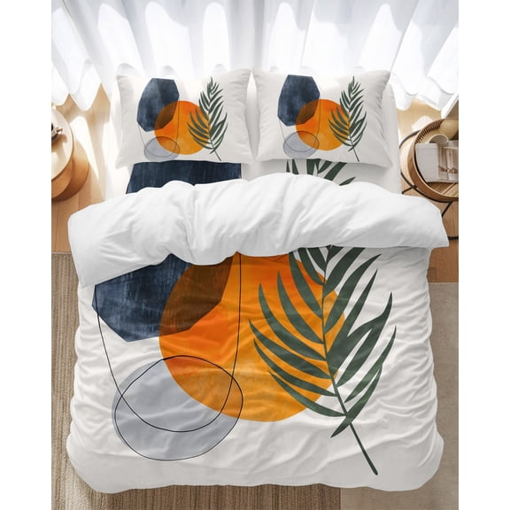 Bohemian Abstract Bedding Duvet Cover Set Queen Size 4 Pieces Circle Line Geometric Leaves Modern Art Bedding Set with Zipper Closure, 1 Comforter Cover 90x90 Inches 1 Flat Sheet & 2 Pillow Cases