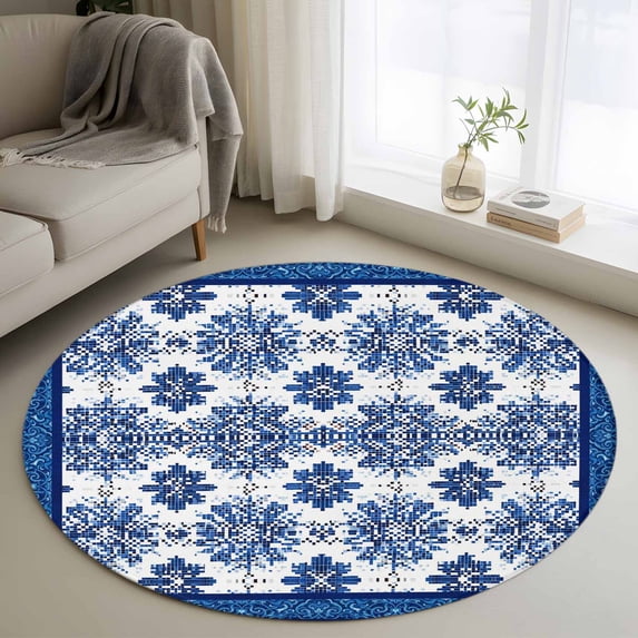 Bohemian Abstract Blue Floral 4FT Round Area Rugs Boho Tribal Ethnic ...