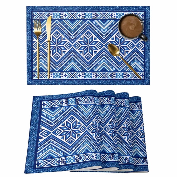 Bohemian Abstract Blue Floral Cotton Linen Placemats Set of 4, Boho Tribal Ethnic Geometric Plaid Flower Washable Table Place Mats Heat Insulating Placemat for Dining Room Kitchen 13 x 19 Inch