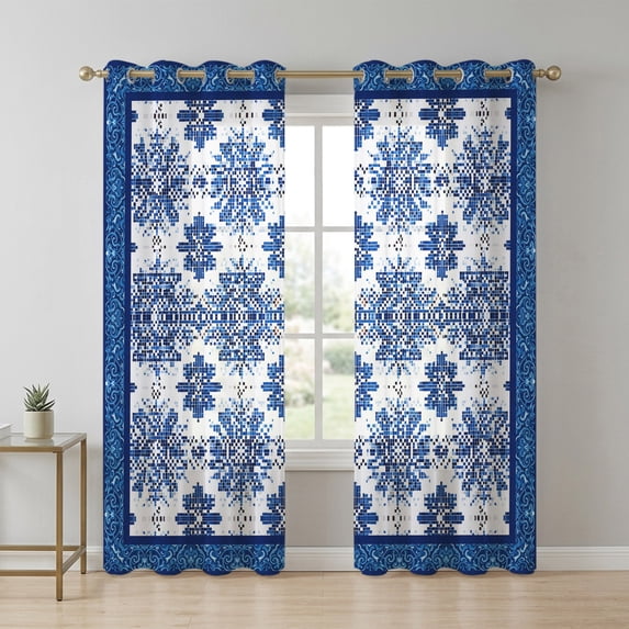 Bohemian Abstract Blue Floral Sheer Curtains 84 Inch Long 2 Panels ...