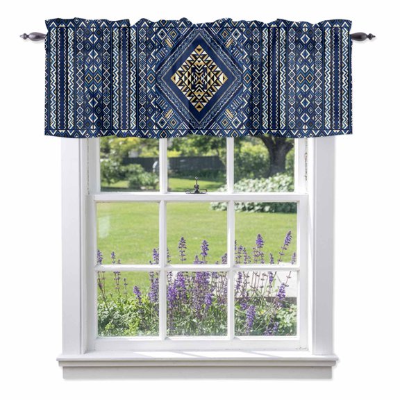 Bohemian Abstract Blue Floral Valances for Windows Boho Tribal Ethnic Geometric Flower Stripe Rod Pocket Cafe Window Treatments Valance Curtains for Kitchen Bathroom Laundry Basement Windows 60"x18"