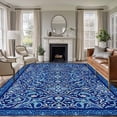 thumbnail image 1 of Bohemian Abstract Blue Floral Washable Living Room Rugs 6'x9', Retro Boho Tribal Ethnic Geometric Flower Low Pile Throw Large Area Rug Non-Slip Sturdy Edge Binding Carpet for Dining Room Kitchen, 1 of 9