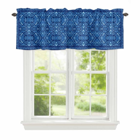Bohemian Abstract Blue Floral Window Valance for Kitchen, Boho Tribal Ethnic Geometric Mysterious Flower Rod Pocket Short Curtain for Small Windows, Light Filtering Decorative Valance, 56 x 16 Inch