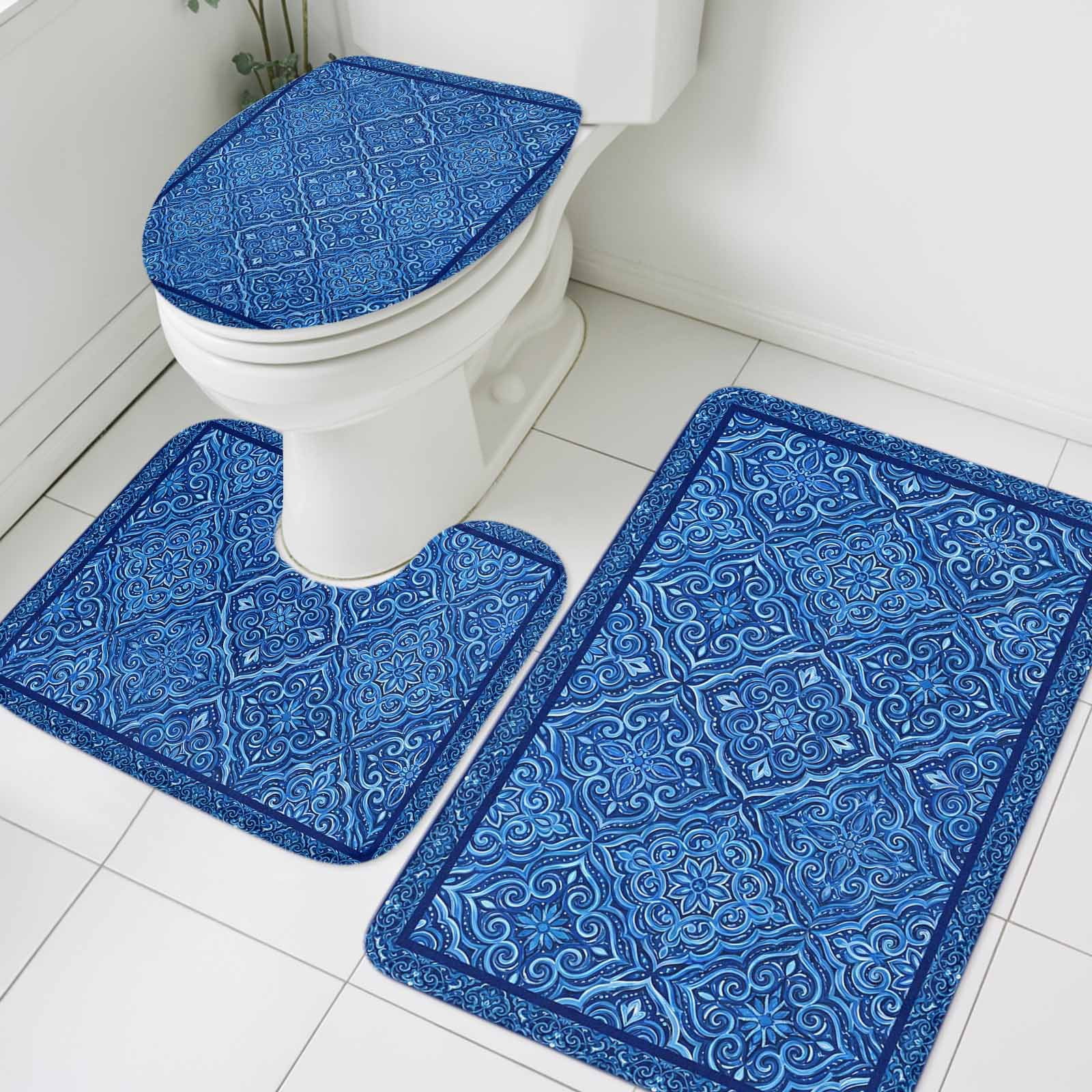 Bohemian Abstract Blue Flower Bathroom Rugs Set Retro Boho Tribal ...