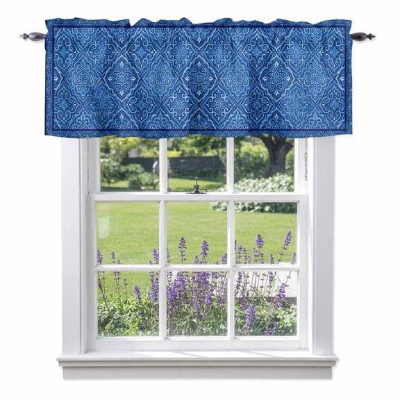 Bohemian Abstract Blue Flower Valances for Windows Retro Boho Tribal Ethnic Geometric Floral Rod Pocket Cafe Window Treatments Valance Curtains for Kitchen Bathroom Laundry Basement Windows 60"x18"