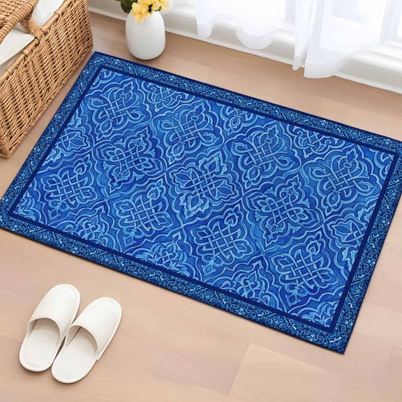 Bohemian Abstract Blue Flower Washable Small Entryway Area Rugs 2'x3', Boho Tribal Ethnic Geometric Floral Low Pile Throw Rug Non-Slip Sturdy Edge Binding Carpet for Front Door Floor Room Entry