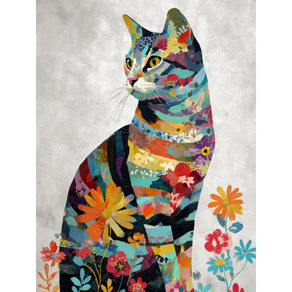 Bohemian Abstract Cat Floral Canvas Print, for Living Room, Office, Kitchen, Dining Room