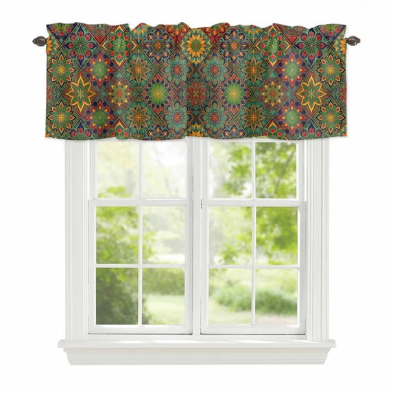 Bohemian Abstract Floral Window Valance for Kitchen, Boho Tribal Ethnic Geometric Gorgeous Flower Rod Pocket Short Curtain for Small Windows, Light Filtering Decorative Valance, 54 x 18 Inch, 1 Panel