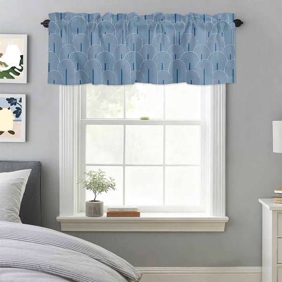 Bohemian Abstract Geometric Arch Valances for Windows,Kitchen Valance Rod Pocket Short Curtain, Abstract Navy Blue Valance Curtain Window Valances for Bedroom Bathroom Living Room 42x18in