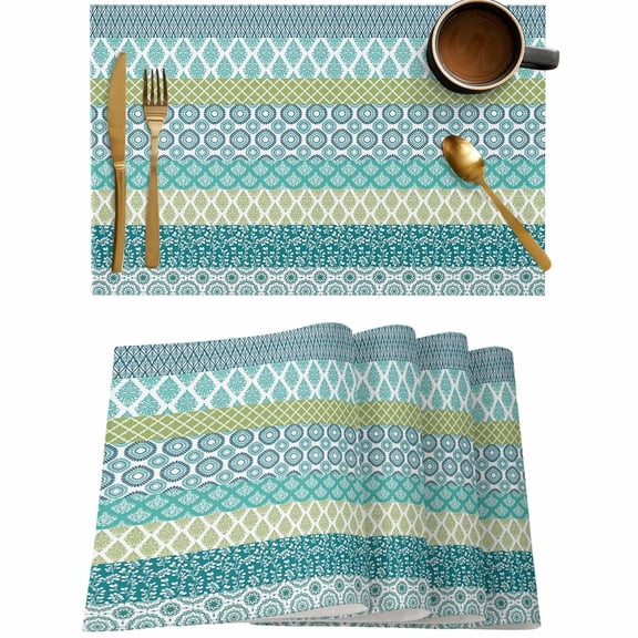 Bohemian Abstract Geometric Teal Damask Flower Placemats Set of 4,Wipeable Washable Table Mats for Dining Tables,Ethnic Style Morocco Place Mats for Kitchen Event Party Tabletop Decor