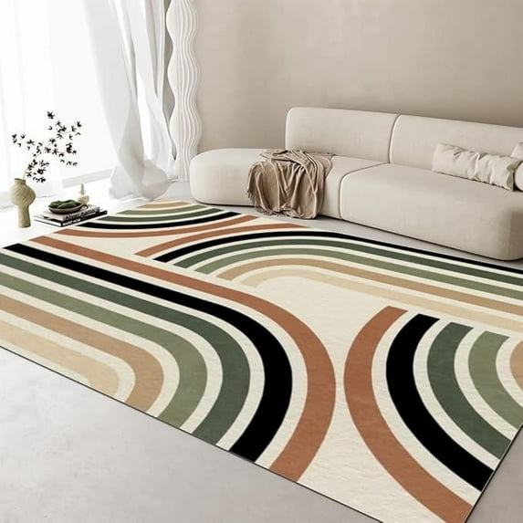 Bohemian Abstract Rainbow Area Rug, Mid-Century Modern Colorful Curved Lines Washable Rugs, Non Slip Soft Indoor Floor Carpet For Office Dining Room Bathroom 5' x 6'