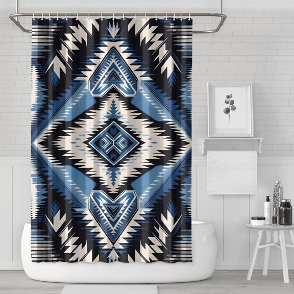 Bohemian Abstract Squre Rectangle Blue Bathroom Curtain Waterproof Duty Polyester Bathroom Shower Curtain Sets Decor Unique Bath Decor 72" W X 72" L with 12 Hooks